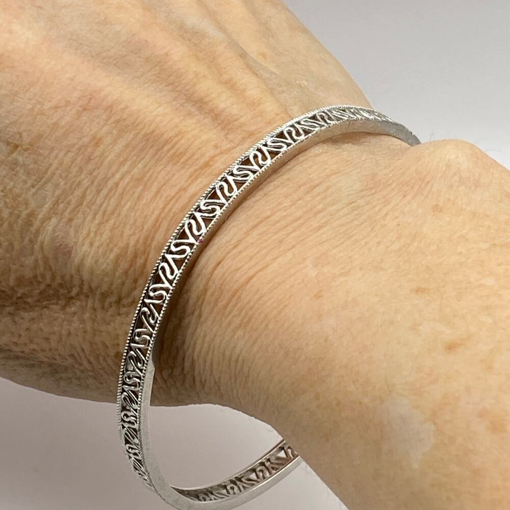 Vintage Signed 925 SAI Sterling Silver Open Filigree Scroll Bangle Bracelet - 8" - Picture 2 of 10